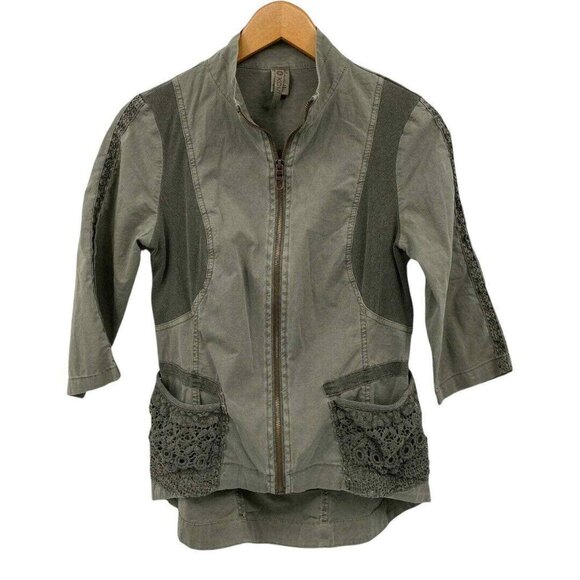 XCVI Jacket Womens Small Army‎ Green Full Zip Crochet Detail Pockets 3/4 Sleeve - Picture 1 of 8